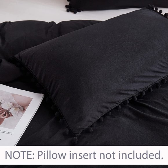 UO 3 Pieces Queen Black Pom Pom Fringe Duvet Cover - Picture 5 of 8